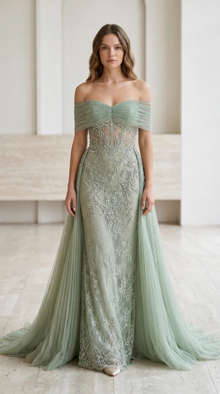 Front view of woman wearing sage green off-the-shoulder beaded tulle evening gown with train