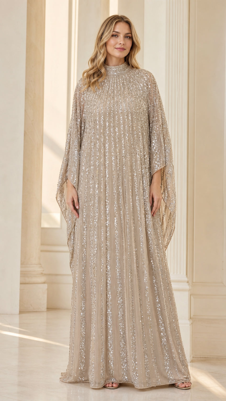 Champagne sequin pleated high-neck cape kaftan maxi gown front view