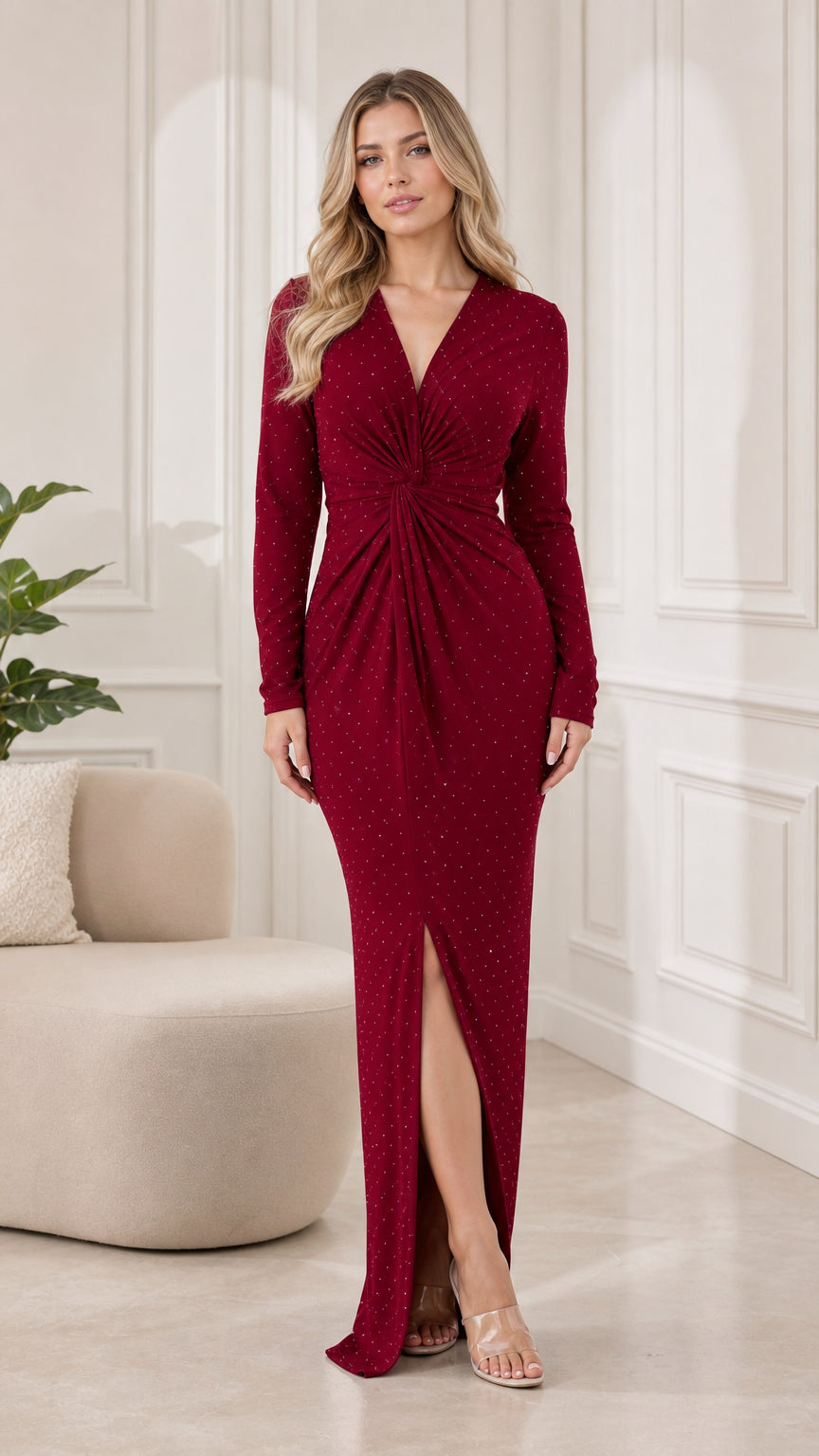 Model wearing Burgundy long sleeve V-neck sparkle maxi dress with twist front detail and slit