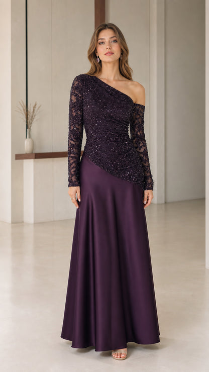 Plum one-shoulder sequin lace and satin maxi evening gown front view