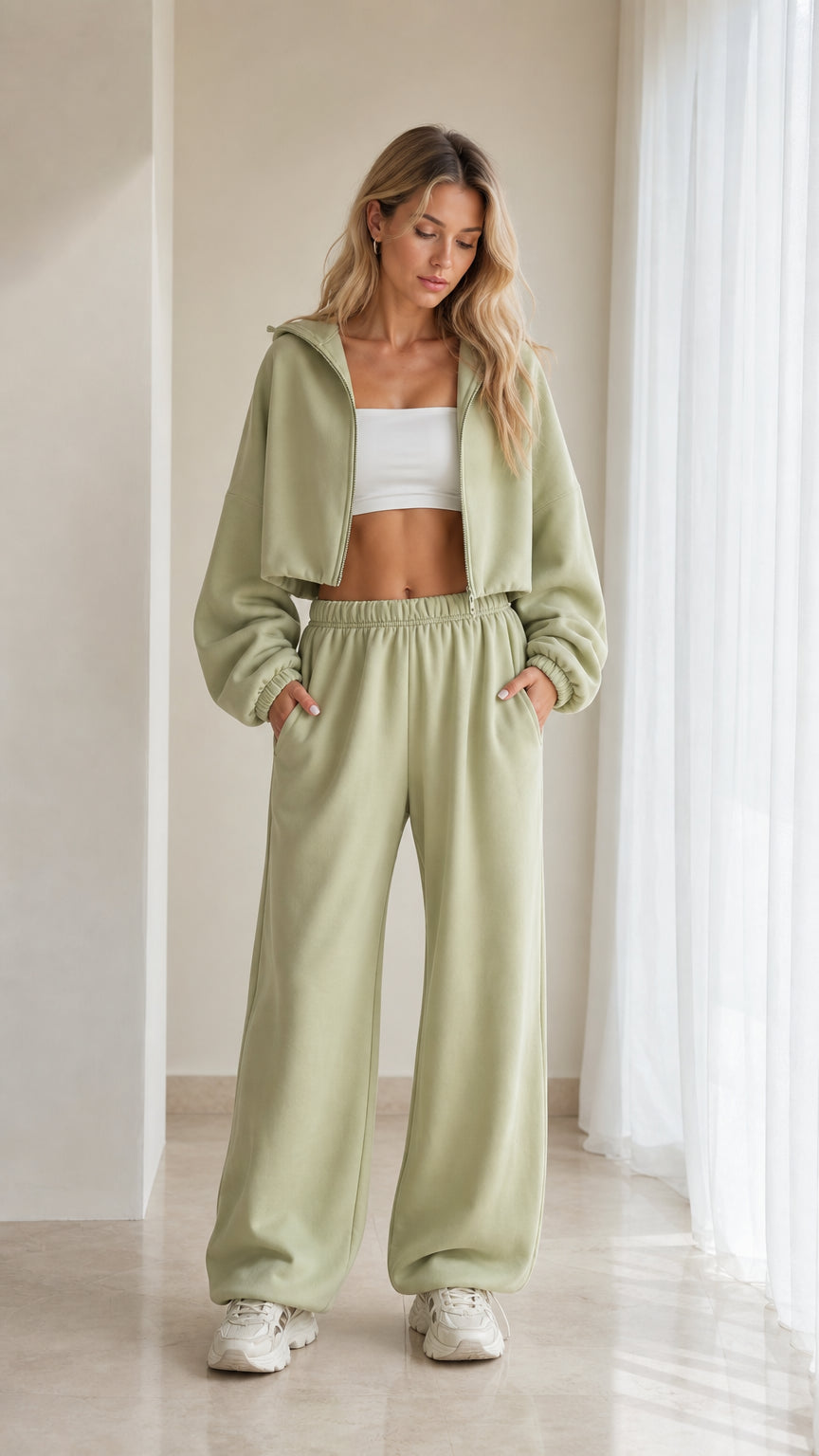 Front view of model wearing sage green cropped zip hoodie and wide leg sweatpants set