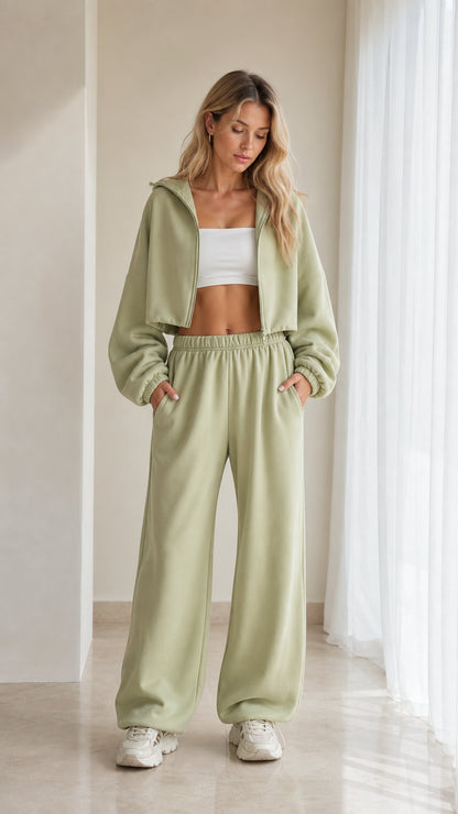 Front view of model wearing sage green cropped zip hoodie and wide leg sweatpants set