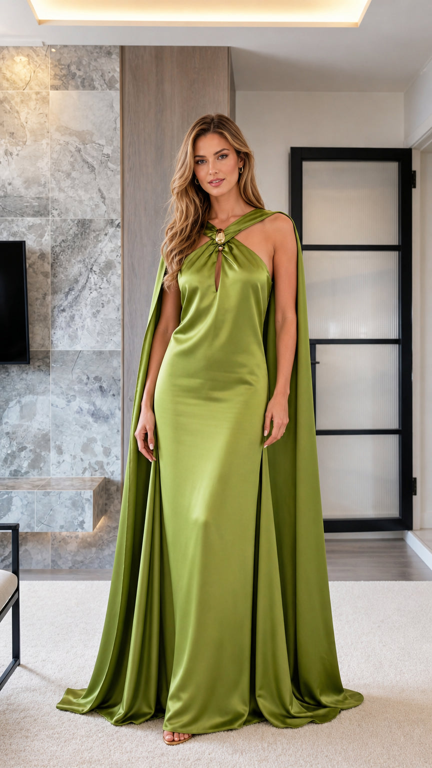 Front view of model wearing olive green satin halter evening gown with sweeping cape