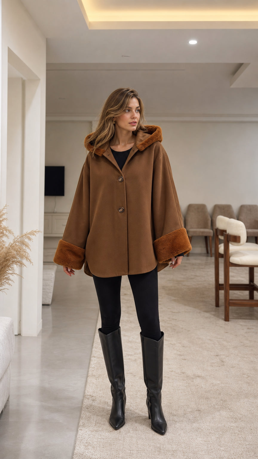 Front view of model wearing camel hooded cape coat with faux fur cuffs and black tall boots