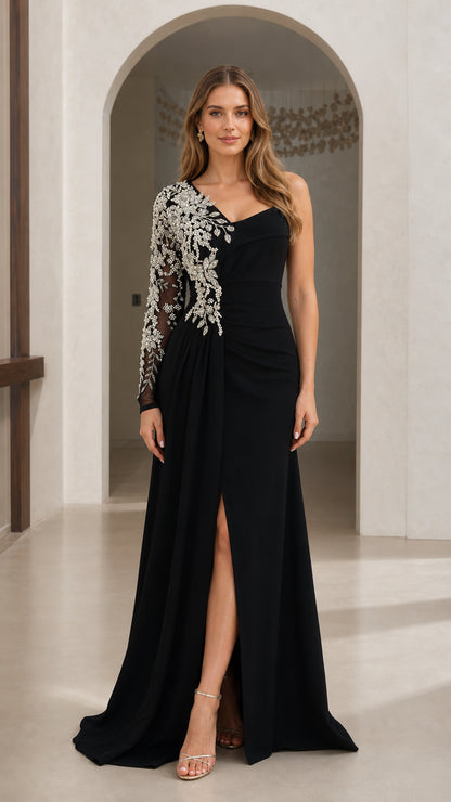 Front view of black one-shoulder evening gown with beaded mesh sleeve and front slit