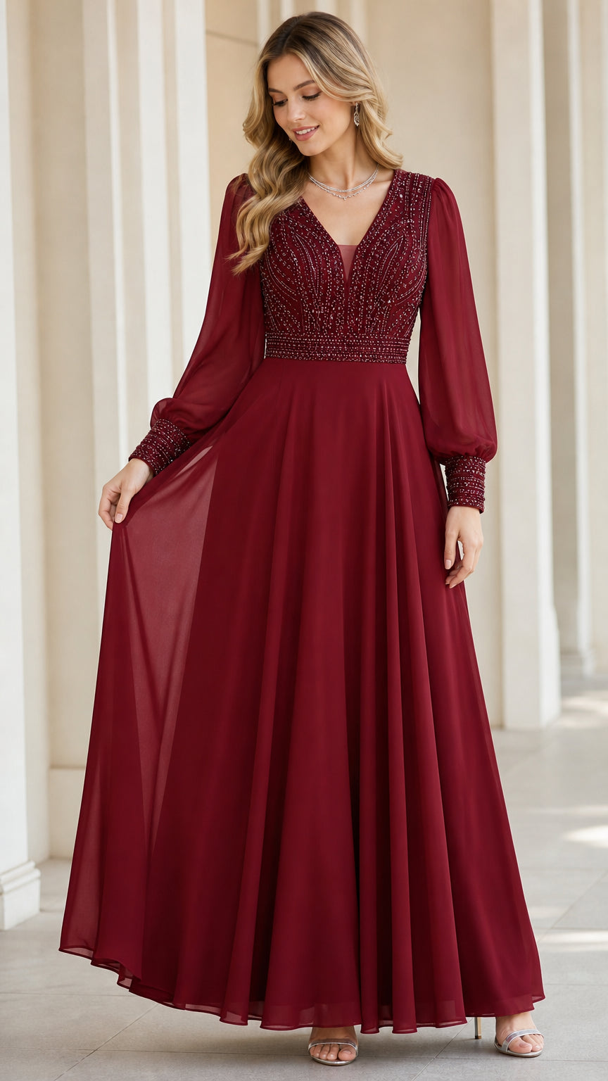 Burgundy long sleeve beaded chiffon evening maxi dress front view