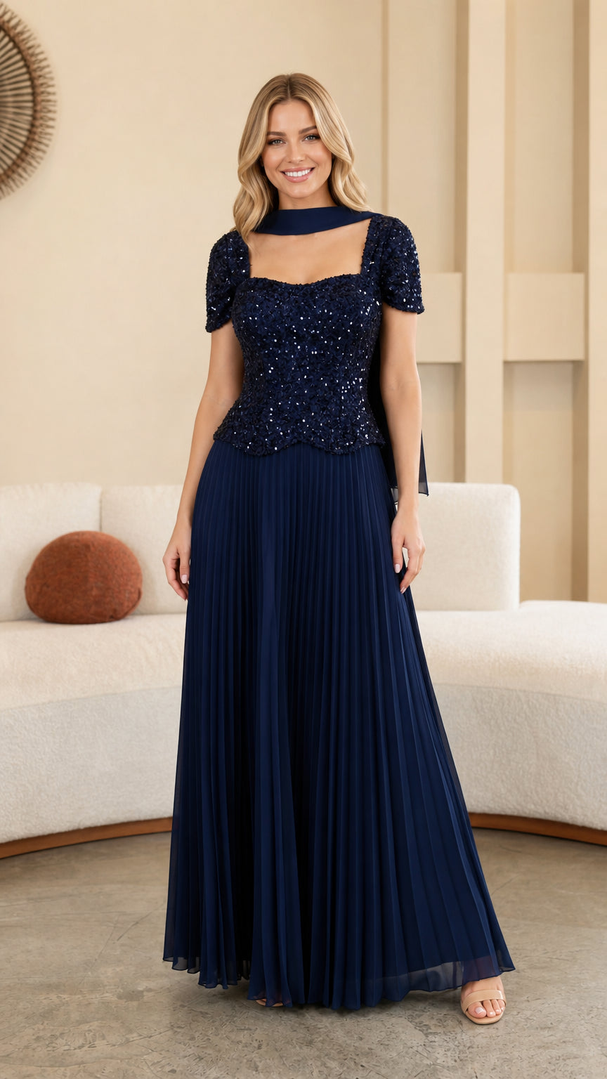 Model wearing Navy Blue square neck sequin bodice pleated maxi gown with neck scarf front view