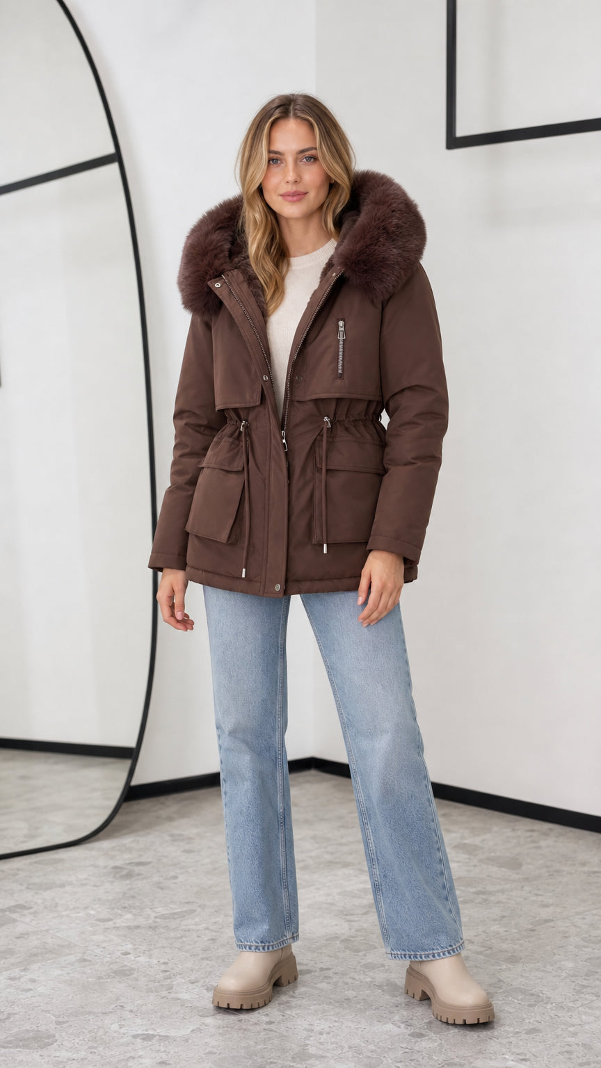 Women's chocolate brown hooded winter parka jacket with faux fur trim front view