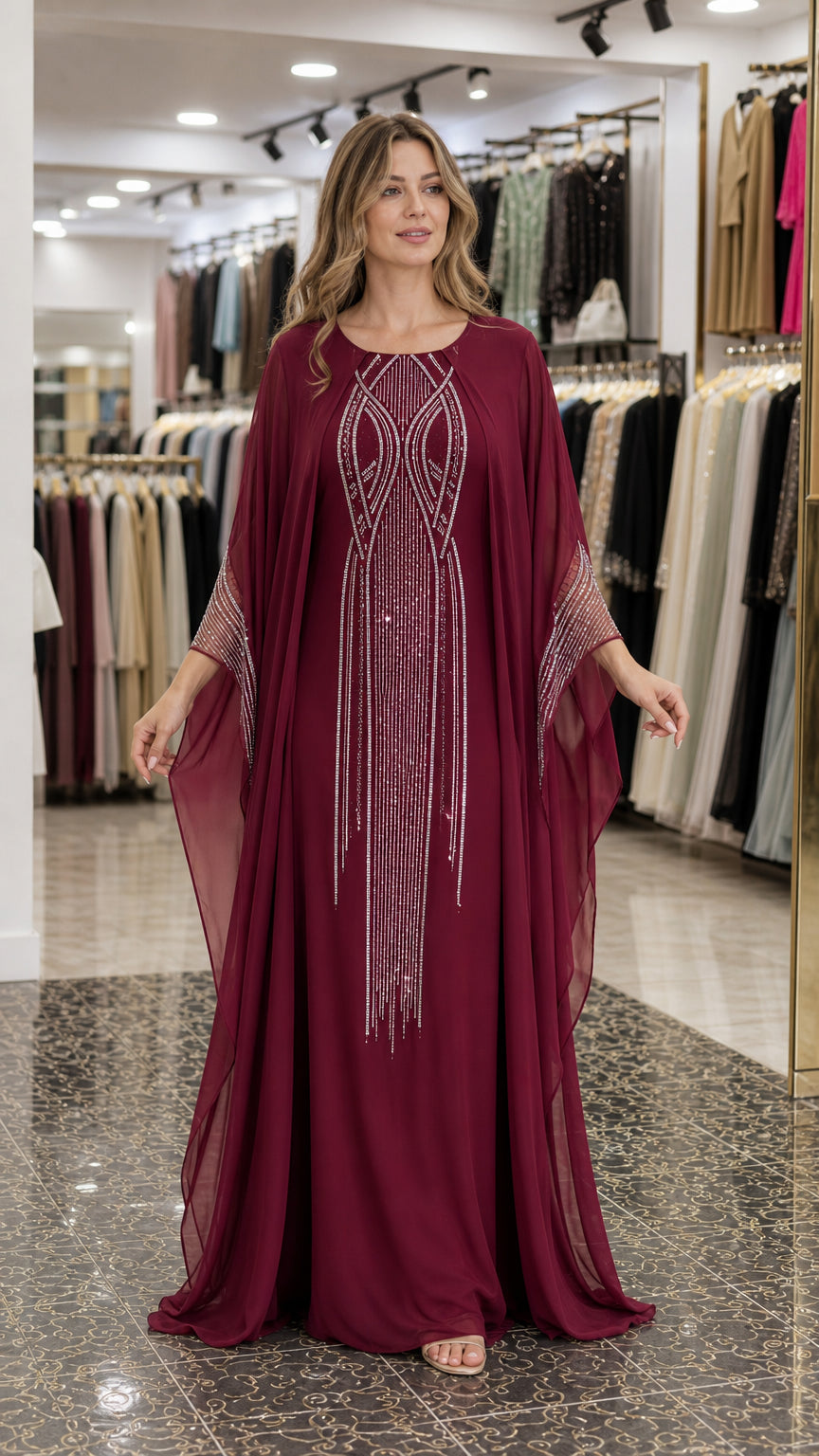 Burgundy rhinestone embellished cape kaftan maxi dress front view