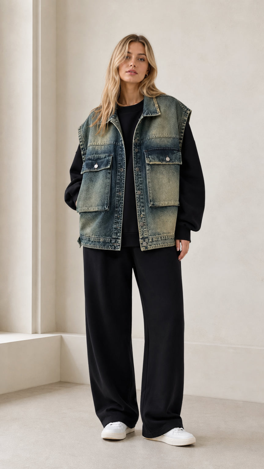 Front full view of woman wearing oversized vintage blue denim vest with wide-leg trousers