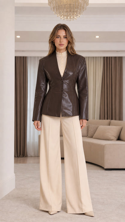 Front view of model wearing Chocolate Brown collarless faux leather blazer paired with wide-leg trousers