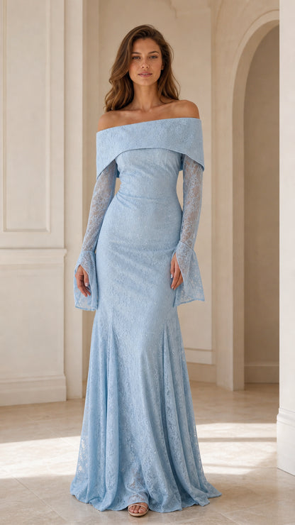 Front view of woman wearing Light Blue off-the-shoulder lace mermaid gown