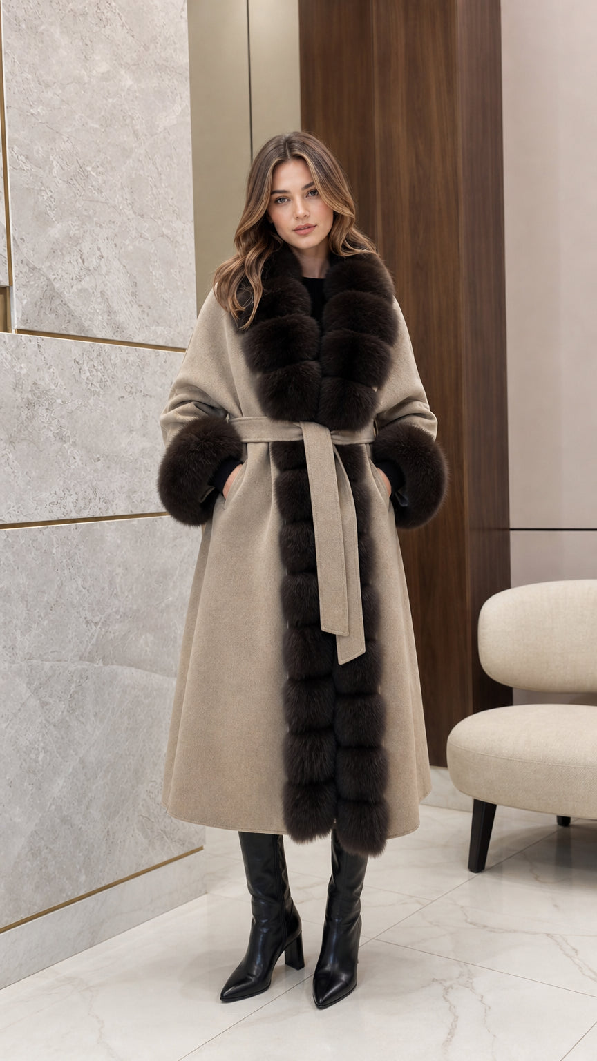 Front full view of woman wearing taupe long coat with dark brown faux fur trim and tie belt