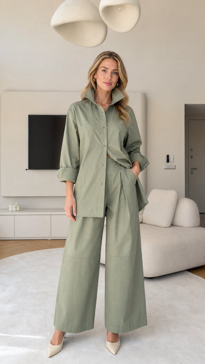 Front full view of women's relaxed button-down shirt and wide-leg trousers set in Sage Green