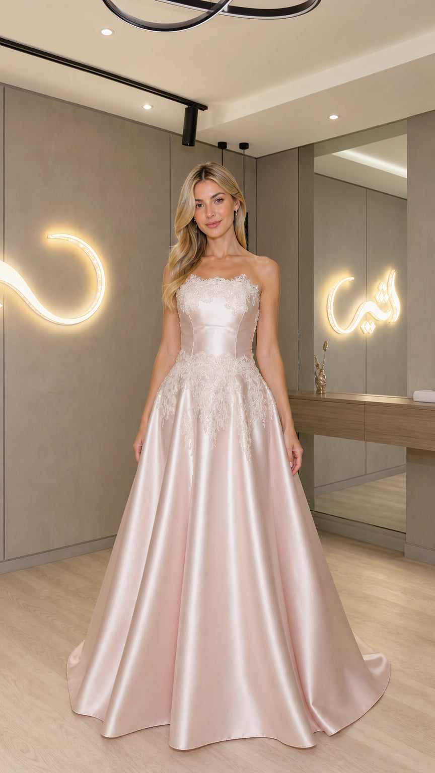 Front view of model wearing Blush Pink strapless satin A-line formal gown with lace appliqué