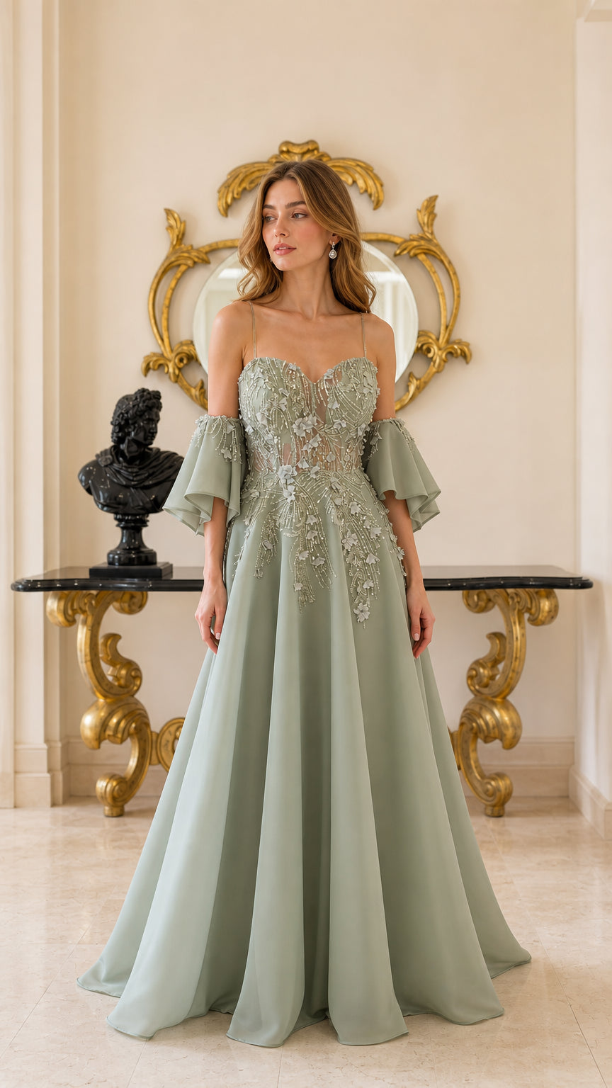 Sage Green beaded floral appliqué formal evening gown with draped sleeves - front view