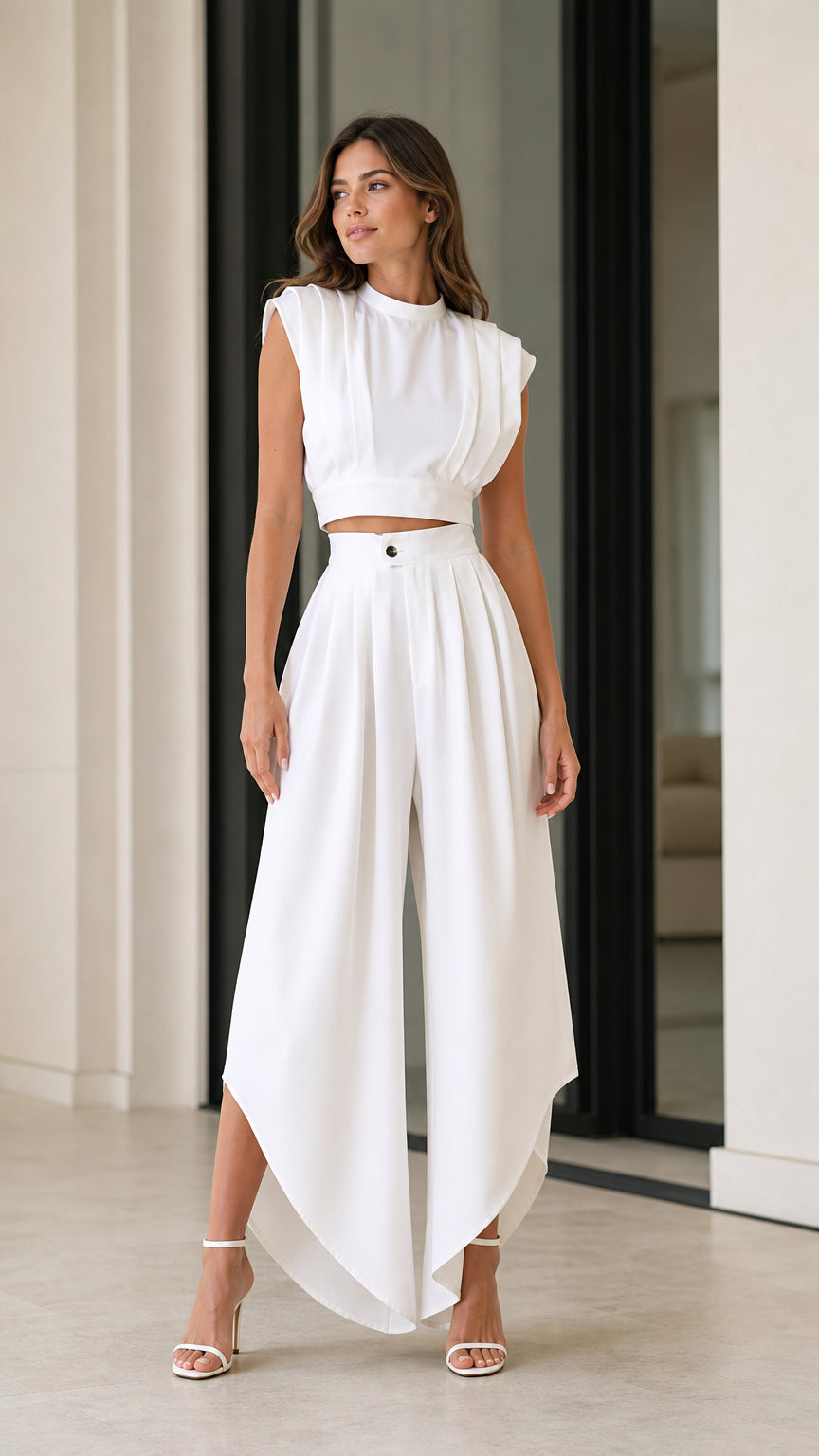 Model wearing white pleated sleeveless mock neck crop top and split wide-leg palazzo pants two-piece set front view