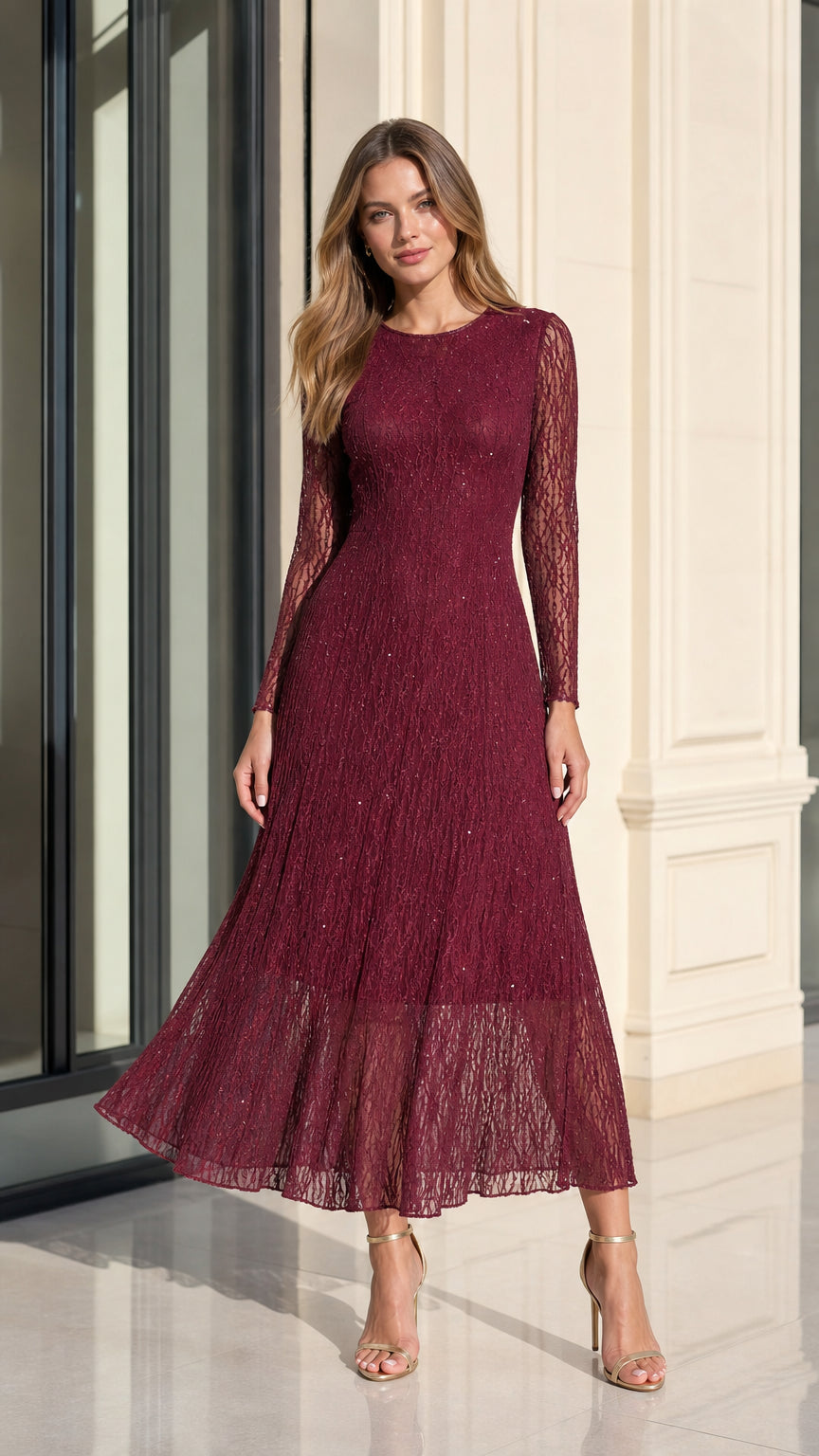 Burgundy long sleeve sequin lace A-line midi dress front view