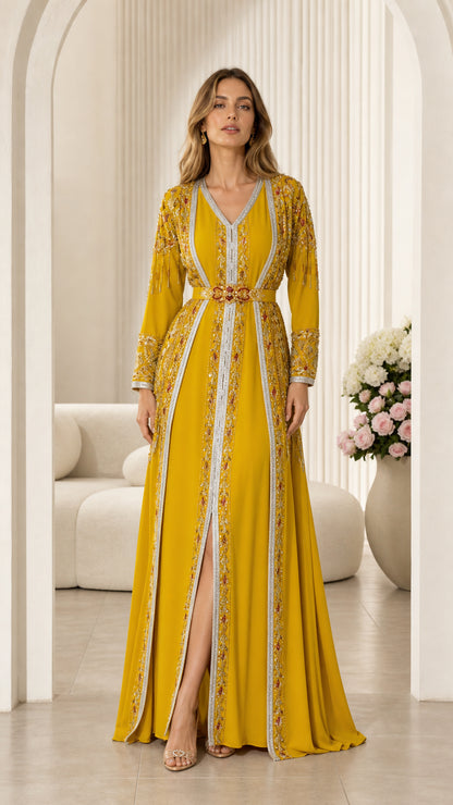 Front view of woman wearing Mustard Yellow embroidered Moroccan kaftan maxi dress with belt
