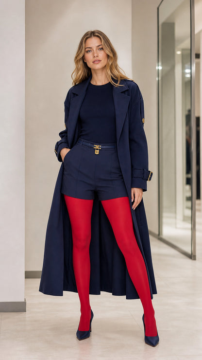 Full-length front view of model wearing Navy Blue long trench coat with belt