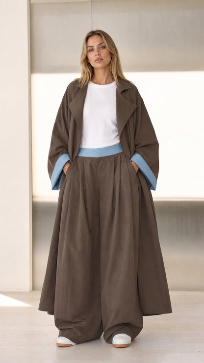 Front full view of Mocha Brown duster coat and pleated wide-leg pant set with contrast cuffs