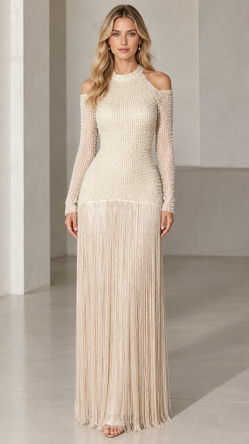 Champagne cold shoulder beaded maxi dress with fringe skirt front view