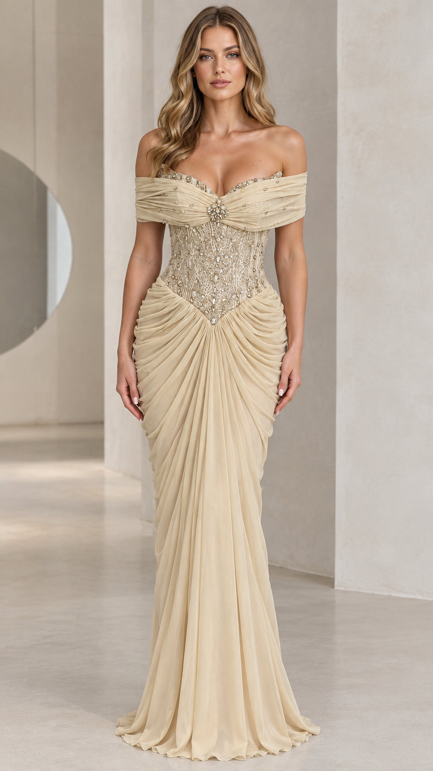 Front view of champagne off-the-shoulder beaded corset evening gown with draped skirt