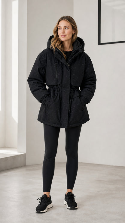 Full front view of model wearing black hooded drawstring waist parka jacket with leggings