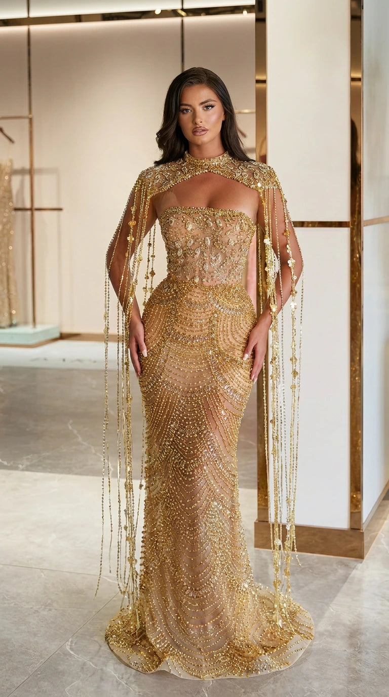 Gold beaded fringe capelet mermaid evening gown front view