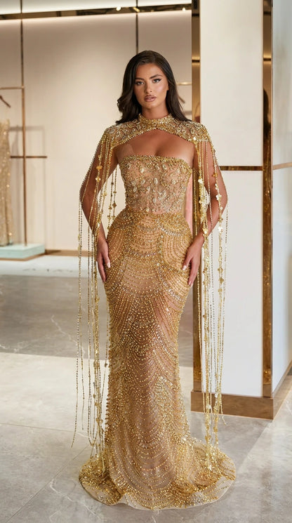 Gold beaded fringe capelet mermaid evening gown front view