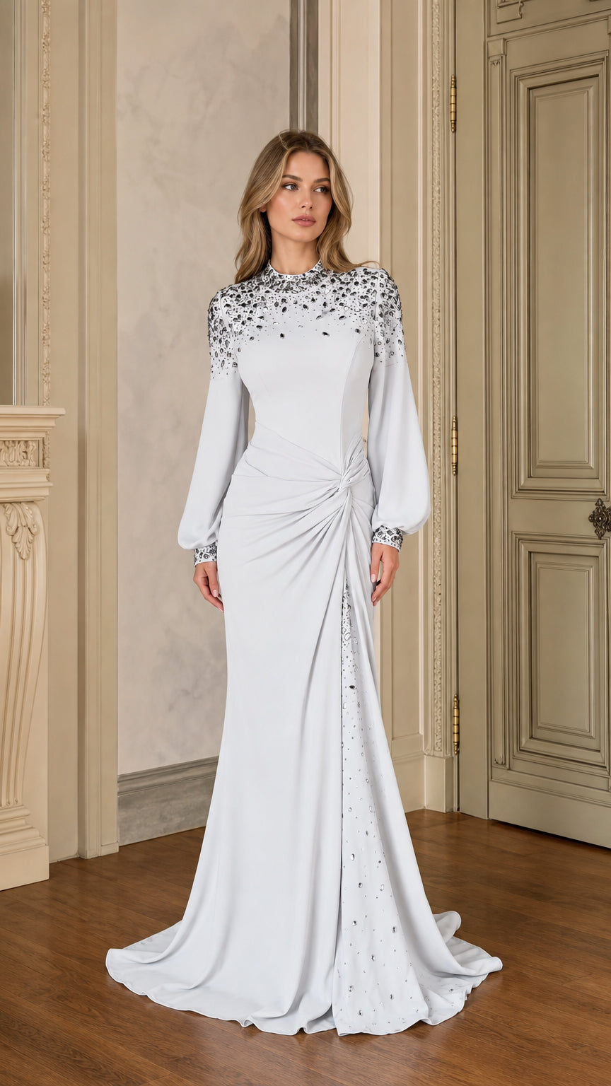 Ice Blue long sleeve embellished evening gown with high neckline and side ruched knot front view