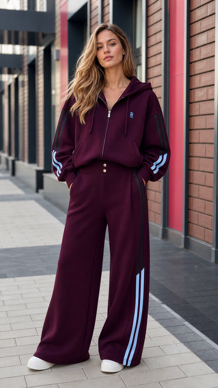 Full front view of women's burgundy zip-up hoodie and wide-leg tracksuit set