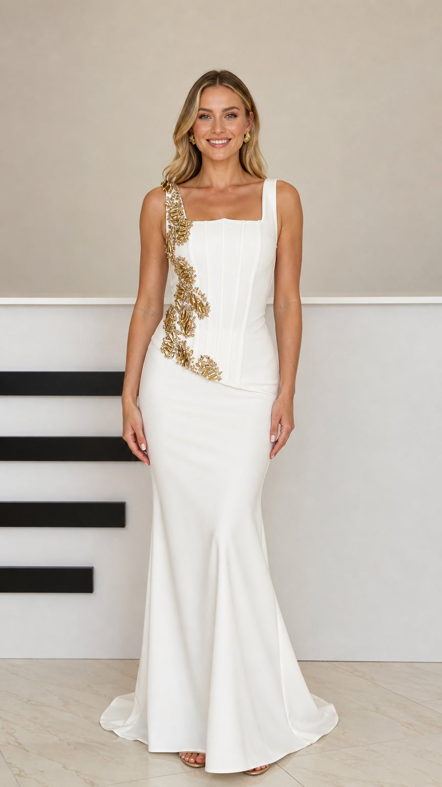 Front full-length view of model wearing white corset square neck mermaid evening gown with gold beaded embellishment