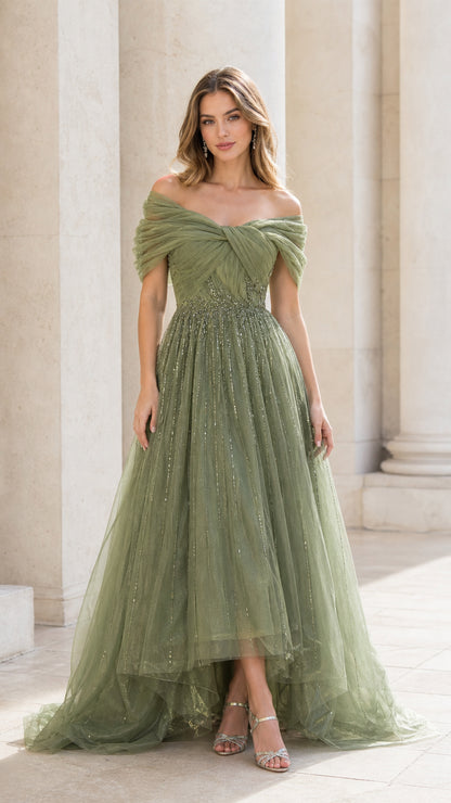 Sage green off-the-shoulder beaded tulle high-low evening gown front view