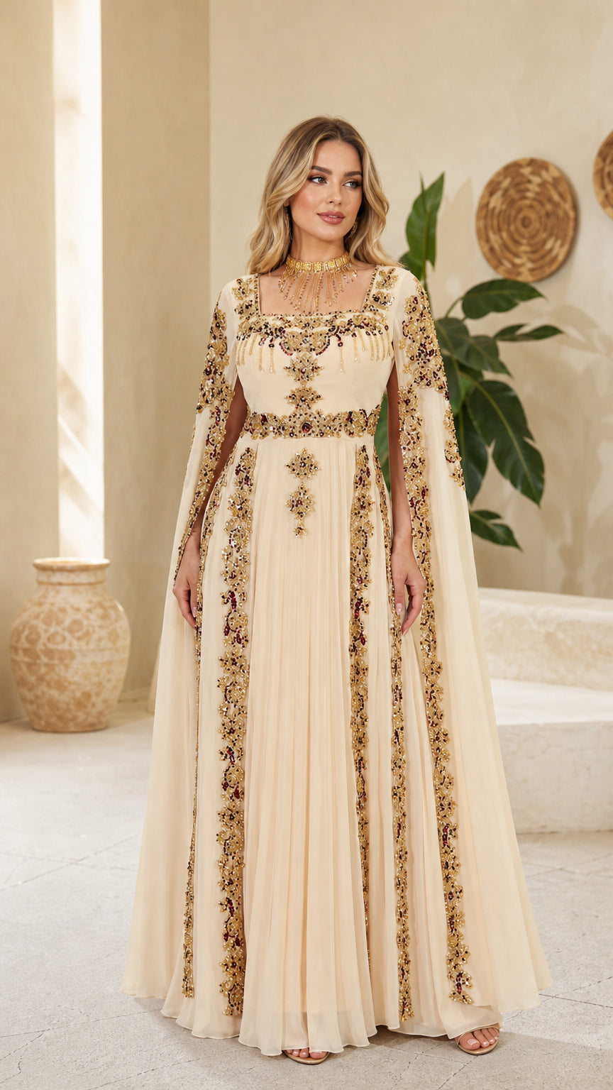 Front view of model wearing champagne embellished cape maxi evening gown