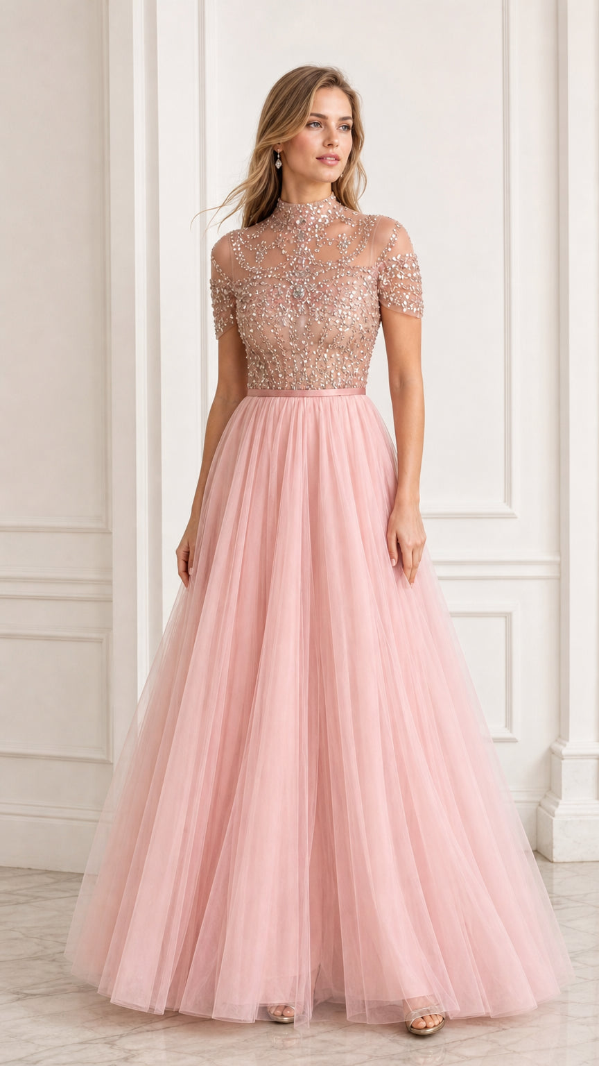 High neck beaded bodice tulle evening gown in blush pink front view