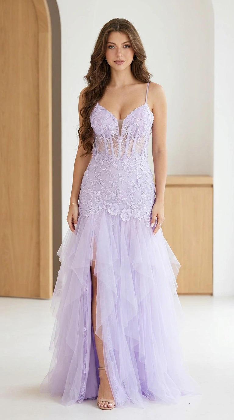 Front full-length view of lavender floral lace corset tulle evening gown with front slit