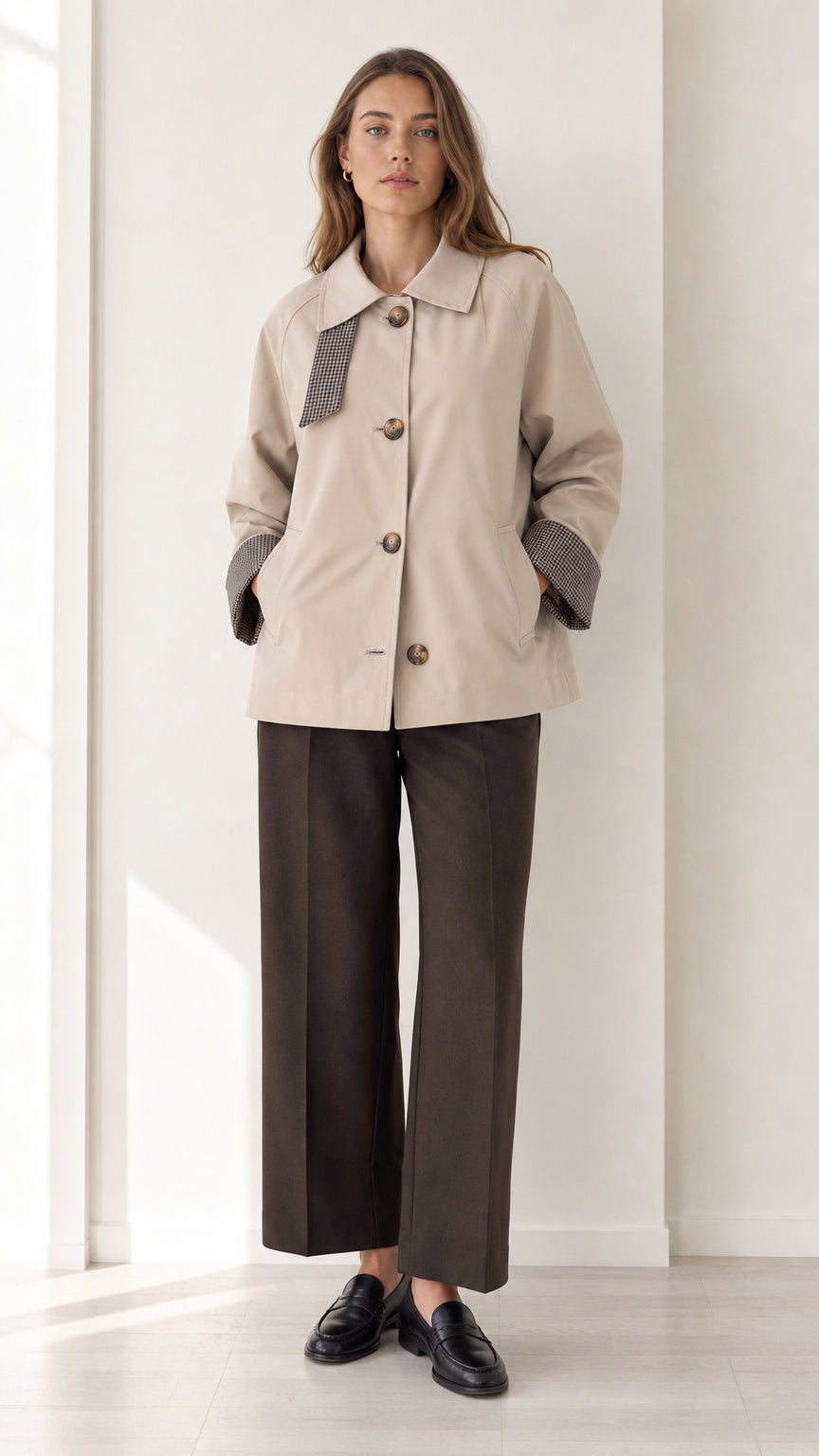 Front view of women's beige short trench jacket with houndstooth trim and dark trousers