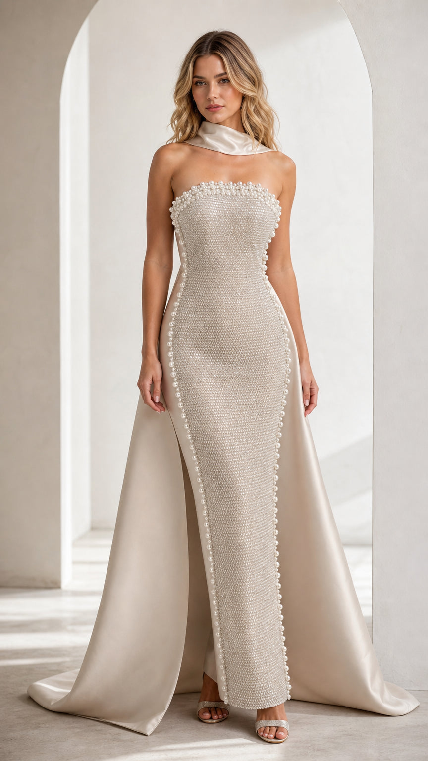 Full front view of Champagne pearl-embellished column evening gown with satin train