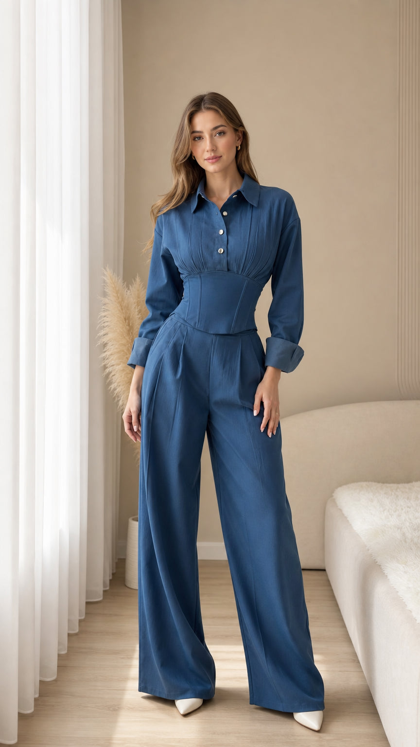 Front view of model wearing slate blue corset waist shirt and wide-leg pants set