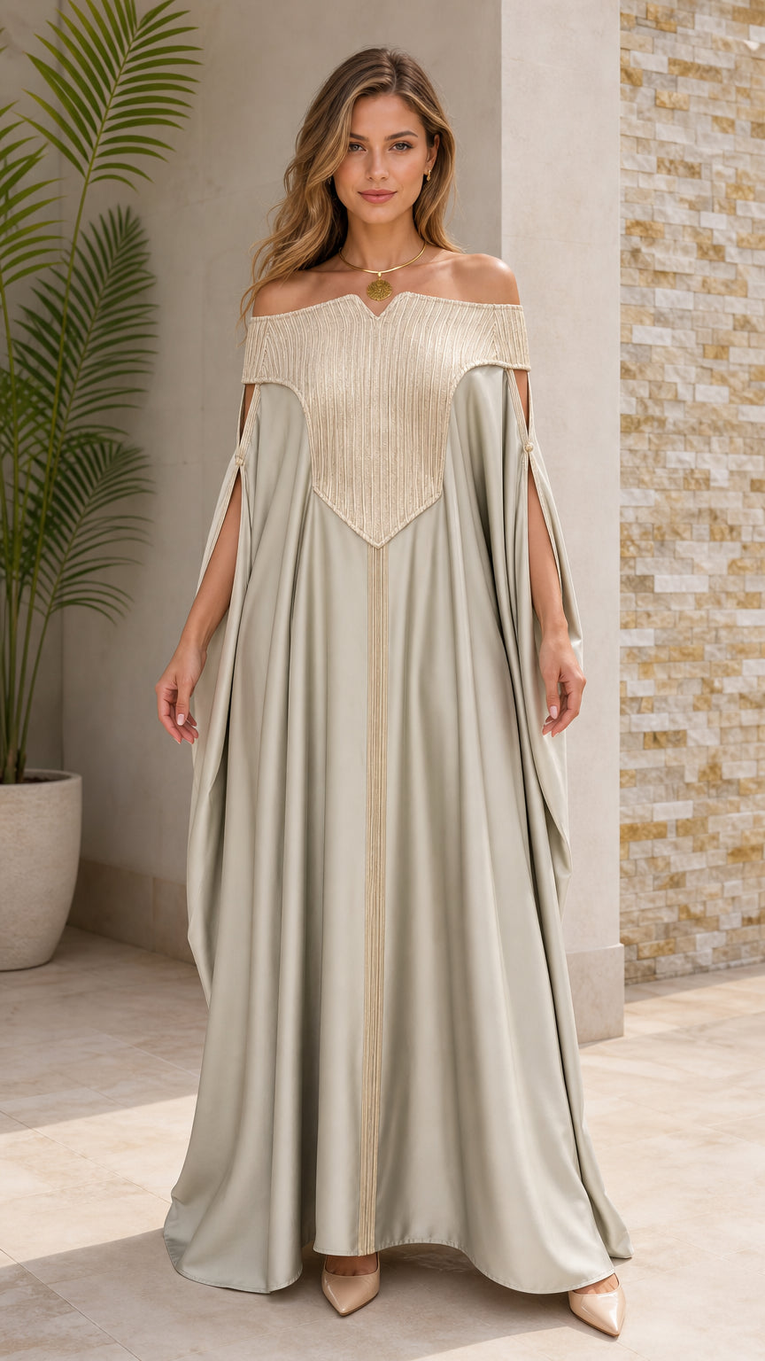 Sage green off-the-shoulder pleated yoke kaftan maxi dress front view