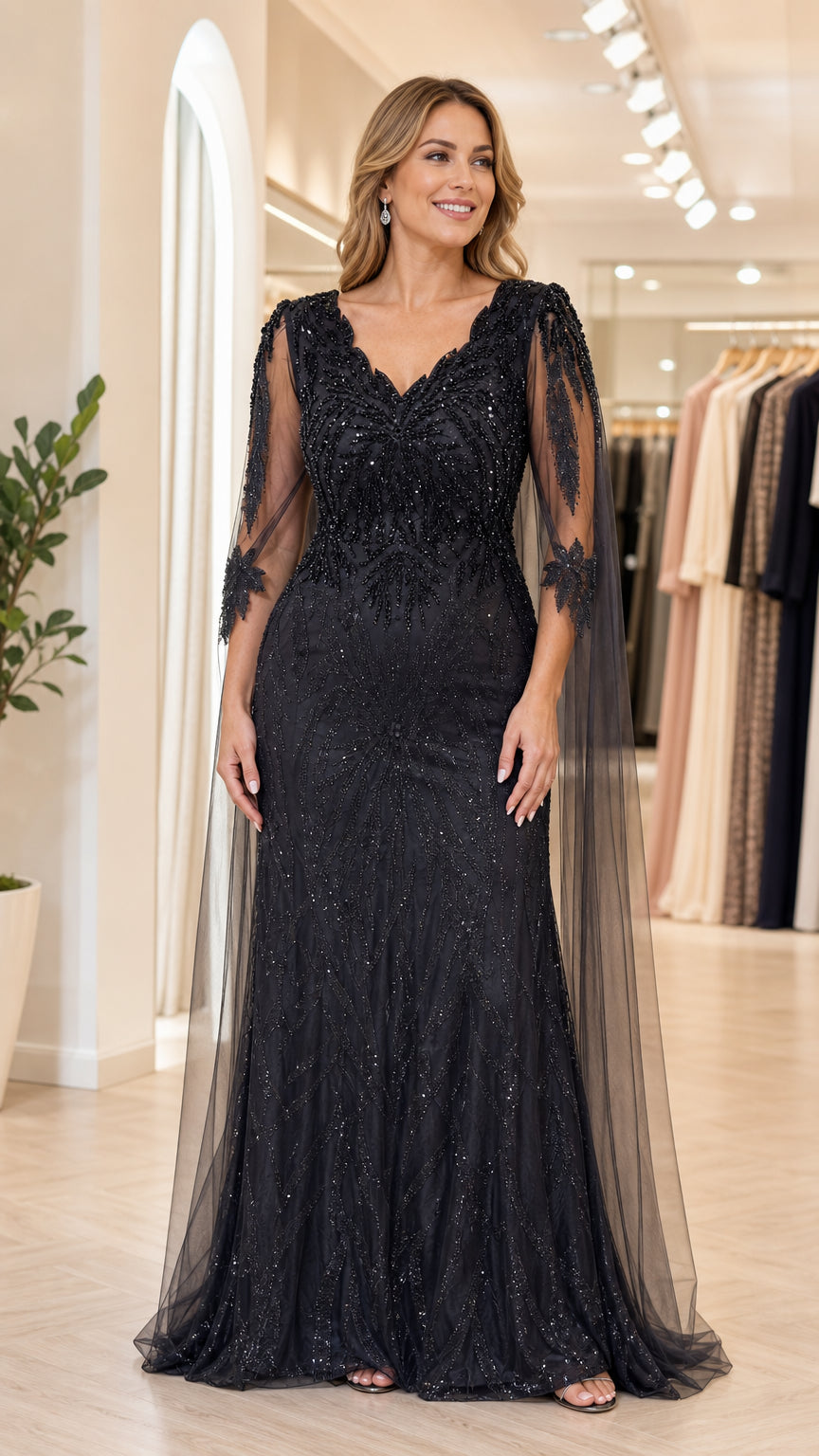 Front full-length view of model wearing black sequin evening gown with sheer cape sleeves