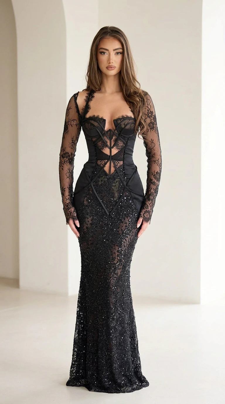 Full front view of black corset boned lace sequin evening gown with sheer long sleeves