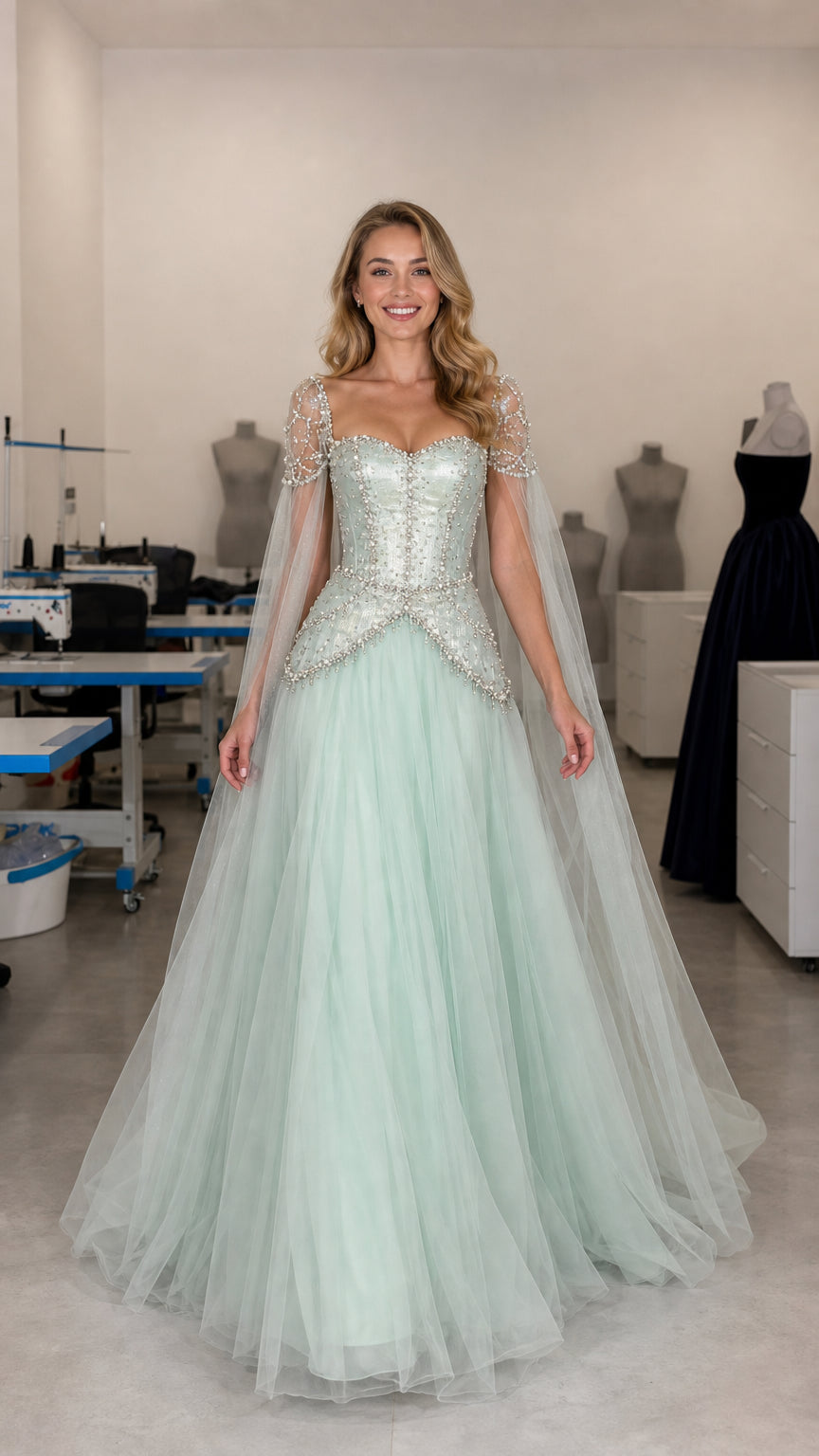 Front view of model wearing mint green beaded corset tulle ball gown with cape sleeves