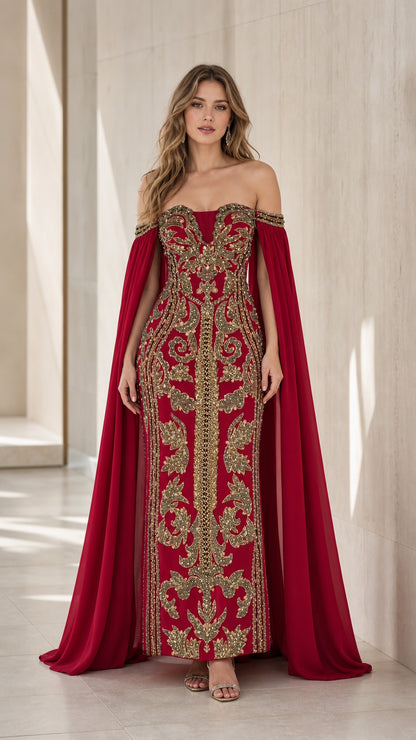 Front view of burgundy red off-the-shoulder evening gown with gold embroidery and cape sleeves