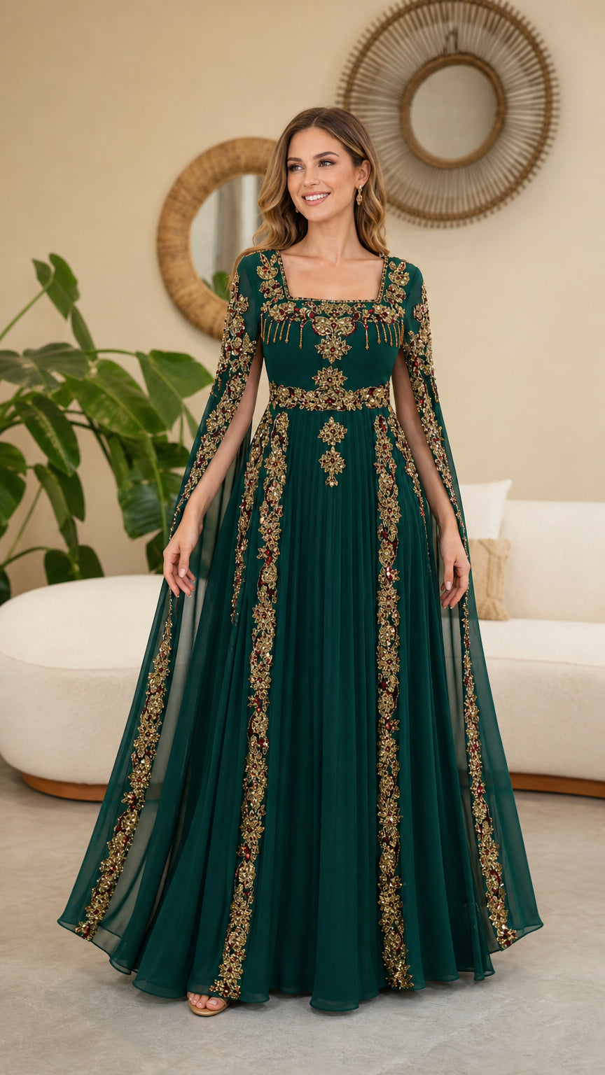 Front view of model wearing Emerald Green embroidered cape sleeve maxi dress