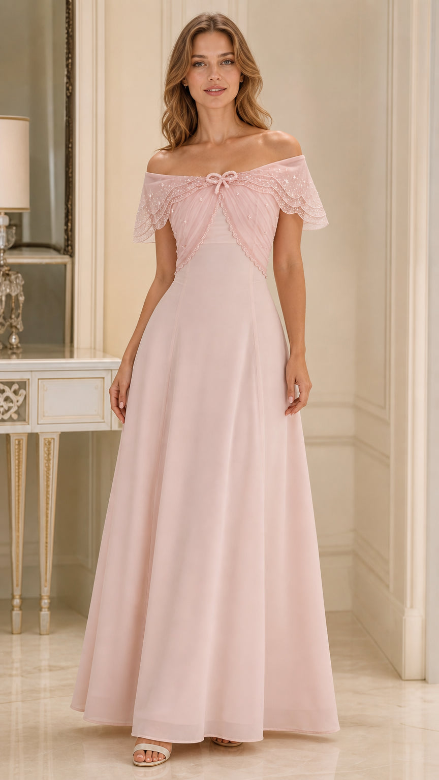 Front view of model wearing blush pink off-the-shoulder beaded evening maxi dress