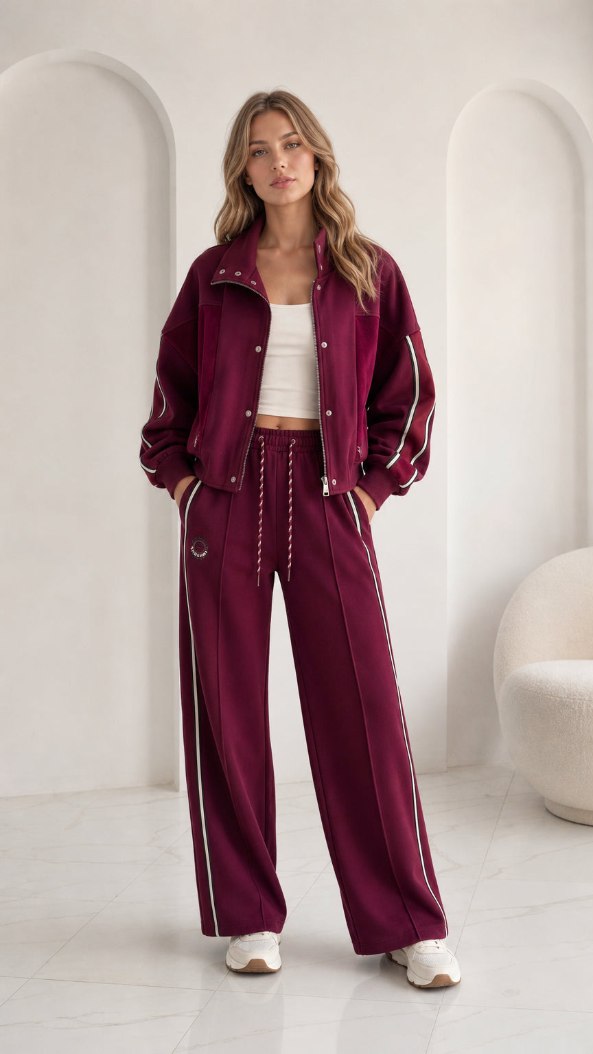 Women's burgundy 2-piece tracksuit set with zip jacket and wide leg pants front view