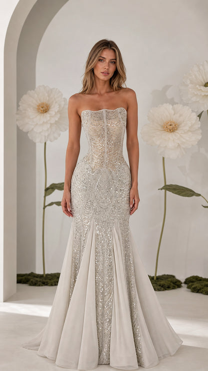 Front view of strapless silver beaded sequin mermaid evening gown