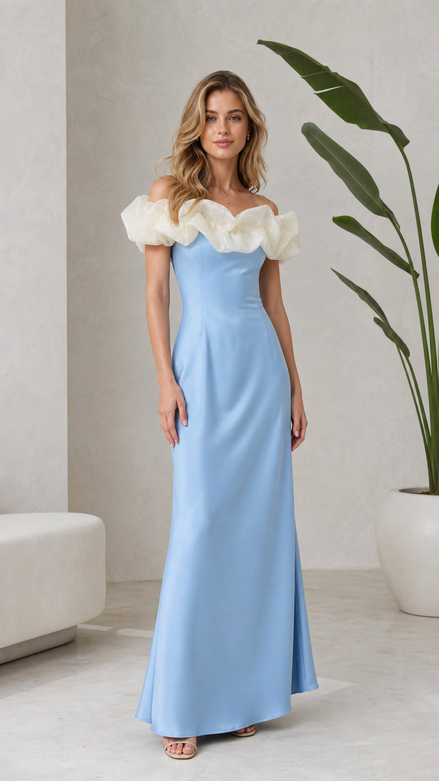 Light Blue off-the-shoulder formal maxi gown with cream ruffle neckline, front view